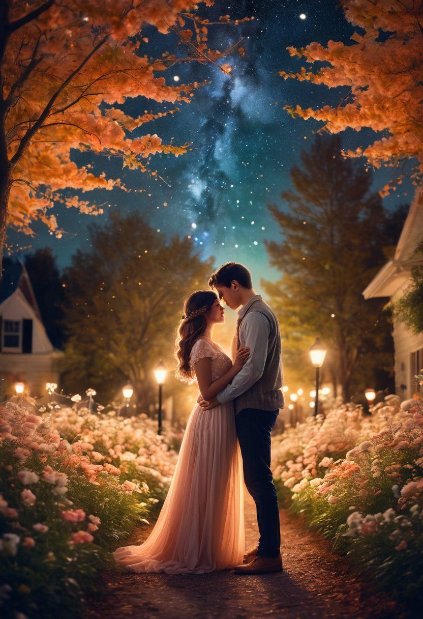 A dreamy scene of a young couple sharing a serene moment under a starlit sky, surrounded by soft glowing lights. Delicate flowers bloom around them, while a gentle breeze rustles the leaves. The couple exchanges sweet gestures, embodying love and youth. The overall mood is whimsical and romantic. vibrant colors. surreal style.