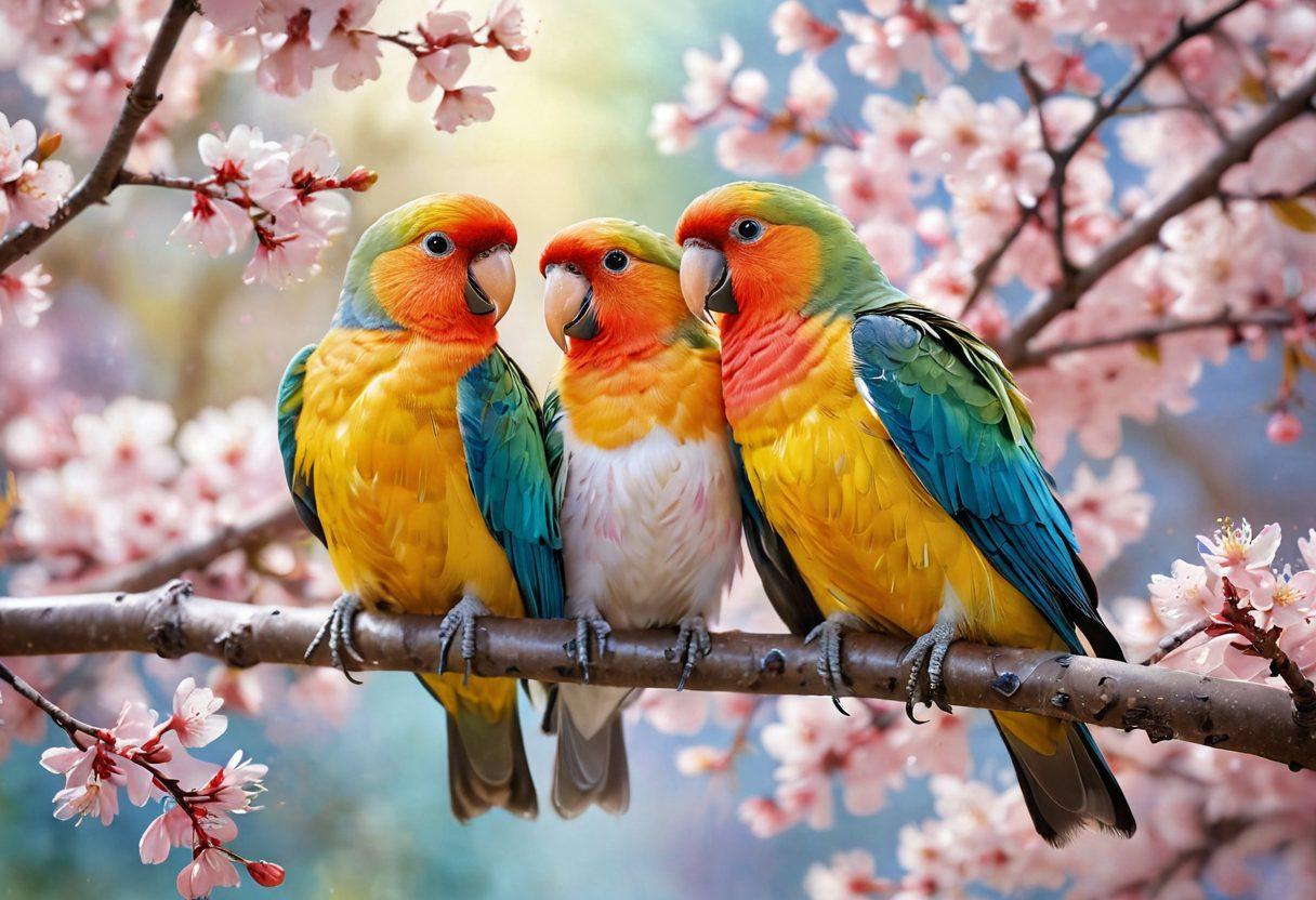 A whimsical scene of vibrant lovebirds perched on blooming cherry blossom branches, their feathers a splash of bright colors symbolizing young love. Below, a soft-focus background depicts a serene park setting, where light filters through the petals, creating a romantic ambiance. Subtle hints of affection, like intertwined tails and gentle gazes, embody connection in partnerships. The overall mood is warm and inviting, perfect for inspiring young lovers. painting. vibrant colors. soft focus.