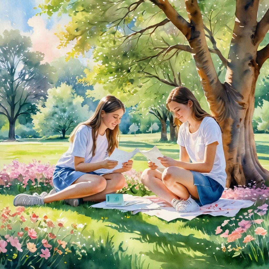 A cozy scene of two teenagers sharing a moment in a beautiful park, surrounded by blooming flowers and soft sunlight filtering through the trees. They are exchanging handwritten letters, their expressions reflecting joy and deep connection. A heart-shaped cloud floats above them, symbolizing affection. The background features gentle pastel colors, creating a serene, romantic atmosphere. watercolor painting. soft hues.